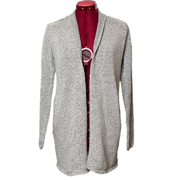 Nubbly knit white + black raglan sleeve open front cardigan two pockets - Picture 1 of 11